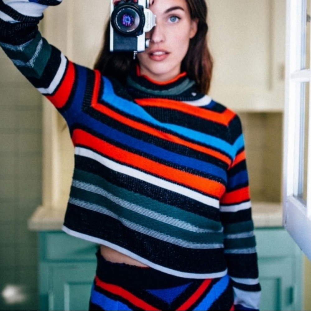 Free People What A Flirt Multi Color Striped Turtle Neck Sweater Top Size Small